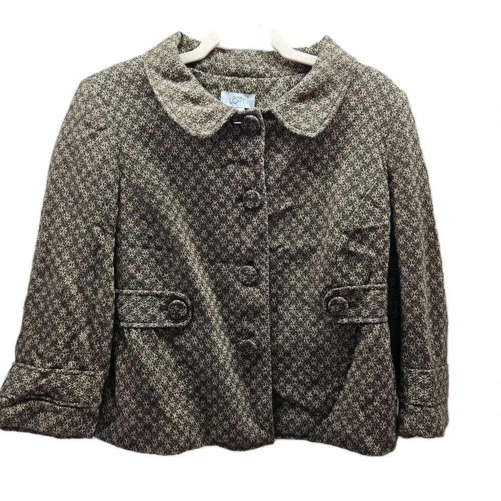 Loft Womens Brown Wool Blend Tapestry Tweed Blazer Size 12